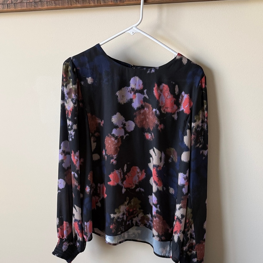 Evereve Navy Floral Watercolor Long-Sleeve Blouse